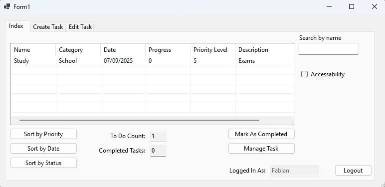 Main tasks dashboard